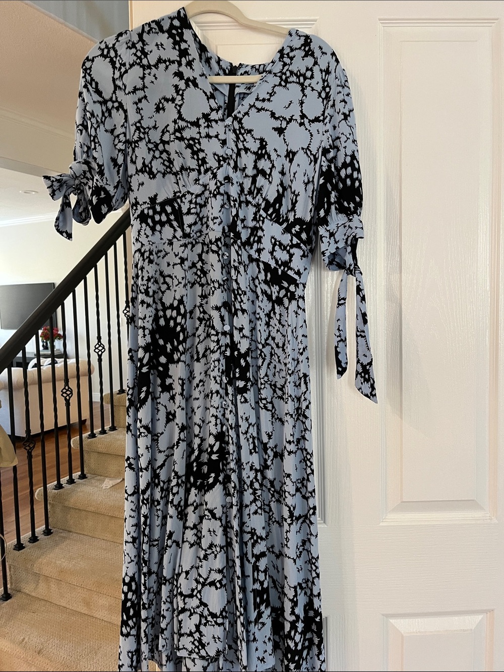 Whistles  Light Blue and Black Abstract Tie-Detail Midi Dress
